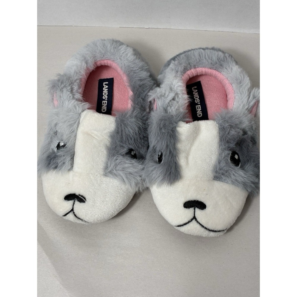 Lands End Bunny Slippers Youth Sz 10M Gray Slip On Fun